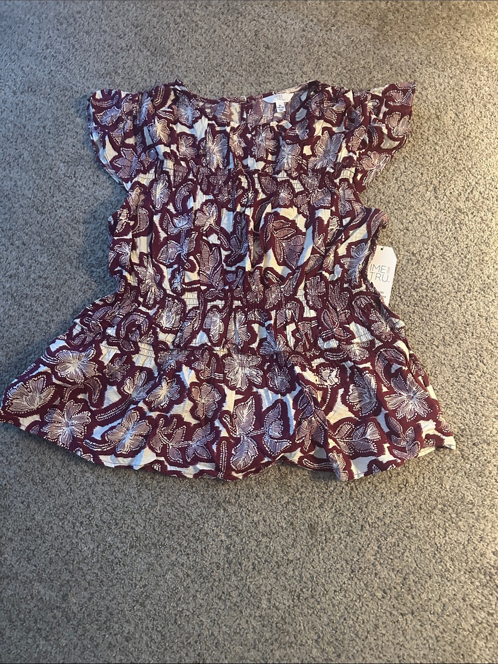 Time and Tru Burgundy Floral Smocked Peplum Blouse